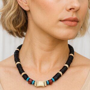 Tribal Beaded Necklace – Black, Turquoise, Maroon & White Patterned Bohemian ...